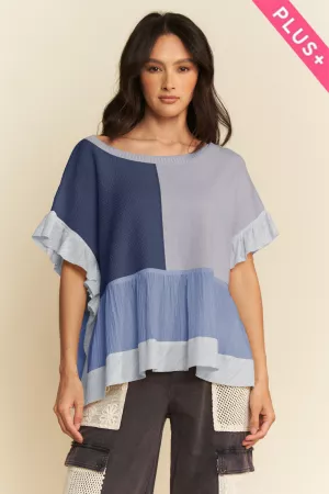 wholesale clothing plus sweater mix patchwork textured ruffle top davi & dani