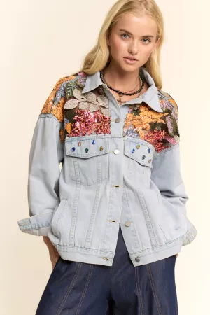 wholesale clothing light wash denim jacket with vibrant embroidered davi & dani