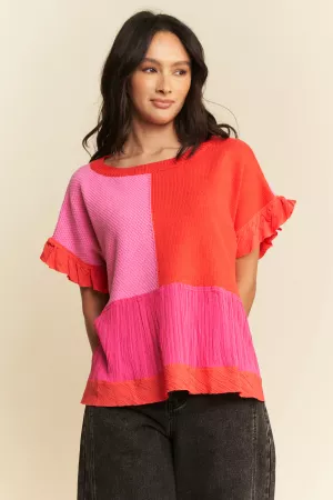 wholesale clothing sweater mix textured fabric ruffle detail top davi & dani