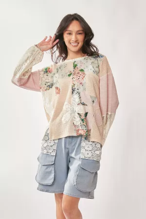 wholesale clothing lace floral mix fabric long sleeves loose fit top davi & dani