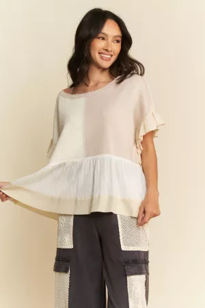 wholesale clothing sweater mix textured fabric ruffle detail top davi & dani