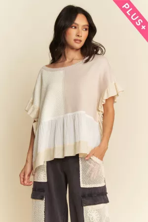 wholesale clothing plus sweater mix patchwork textured ruffle top davi & dani