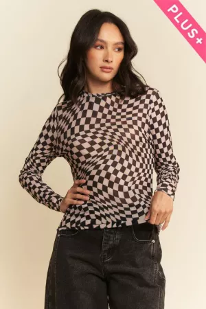 wholesale clothing plus checker board mesh long sleeve layering top davi & dani