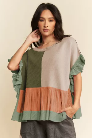 wholesale clothing sweater mix textured fabric ruffle detail top davi & dani