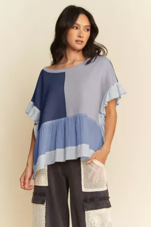 wholesale clothing sweater mix textured fabric ruffle detail top davi & dani