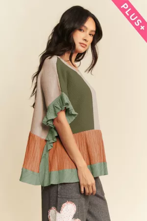 wholesale clothing plus sweater mix patchwork textured ruffle top davi & dani