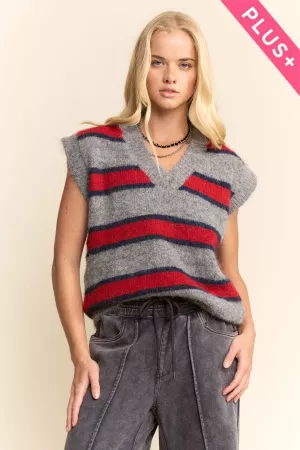 wholesale clothing plus fuzzy striped v-neck sweater vest davi & dani