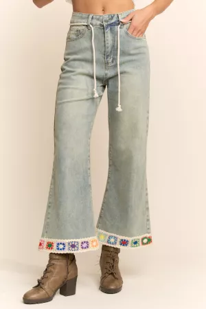 wholesale clothing crochet trim straight leg denim jeans davi & dani