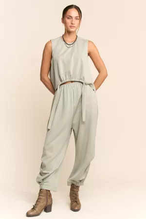 wholesale clothing solid crew neck cinch tie top waistband pants set davi & dani