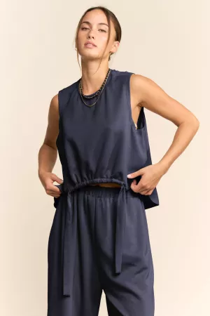 wholesale clothing solid crew neck cinch tie top waistband pants set davi & dani