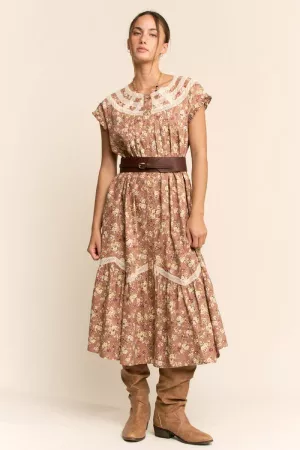 wholesale clothing floral printed lace yoke button front dress davi & dani