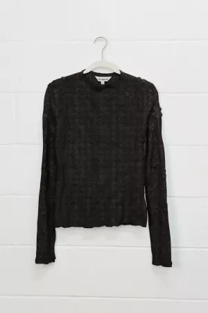 wholesale clothing long sleeve folral embroidered mock neck mesh top davi & dani