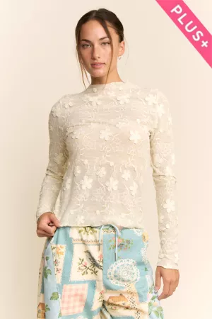 wholesale clothing plus long sleeve embroidered mock neck mesh top davi & dani