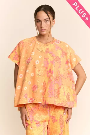 wholesale clothing plus floral patchwork boxy crew neck top davi & dani
