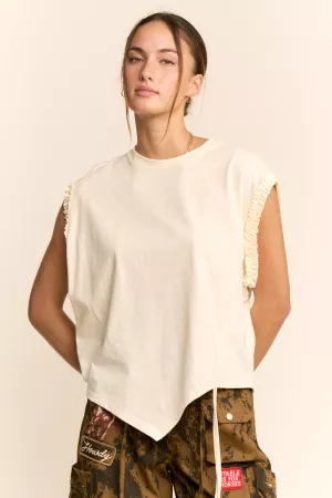 wholesale clothing ruffle trim asymmetric sleeveless top davi & dani