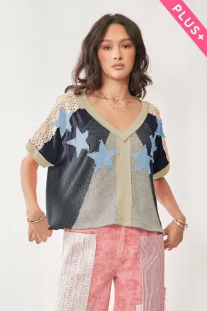 wholesale clothing plus star patch color blocked drop shoulder top davi & dani