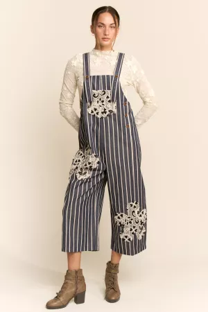 wholesale clothing strip denim crochet lace pocket loose fit overall davi & dani