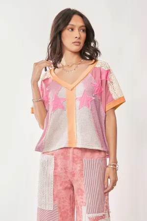 wholesale clothing star patch detail color blocked drop shoulder top davi & dani