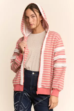 wholesale clothing striped lace trim zip-up hooded cardigan davi & dani