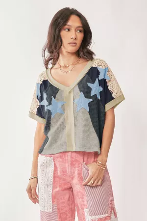 wholesale clothing star patch detail color blocked drop shoulder top davi & dani