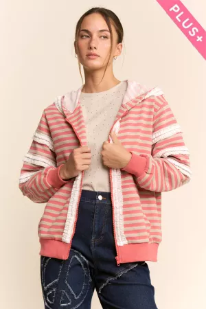 wholesale clothing plus striped lace trim zip-up hooded cardigan davi & dani