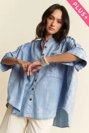 wholesale clothing plus washed denim stand collar fringe hem shirt davi & dani