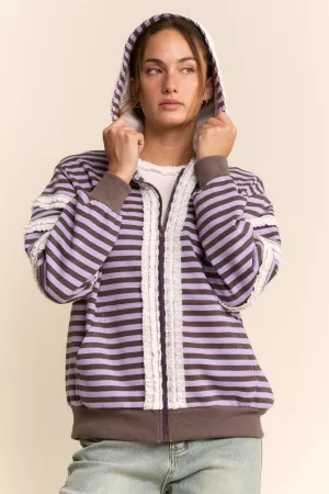 wholesale clothing striped lace trim zip-up hooded cardigan davi & dani