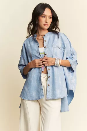 wholesale clothing washed denim stand collar fringe hem loose shirt davi & dani