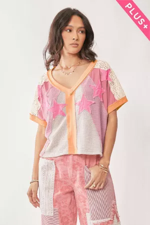 wholesale clothing plus star patch color blocked drop shoulder top davi & dani