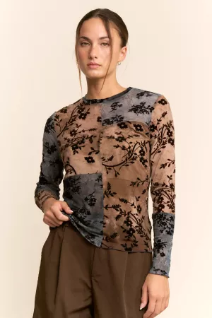 wholesale clothing semi sheer patchwork mesh long sleeve top davi & dani