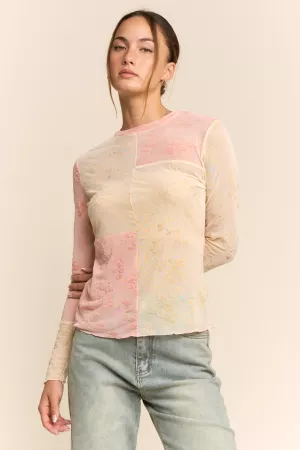 wholesale clothing semi sheer patchwork mesh long sleeve top davi & dani