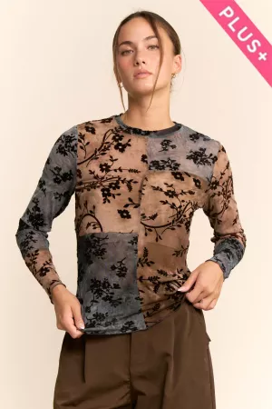 wholesale clothing plus semi sheer patchwork mesh long sleeve top davi & dani