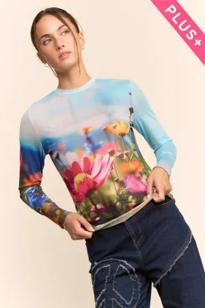 wholesale clothing plus floral field print mesh long sleeve top davi & dani
