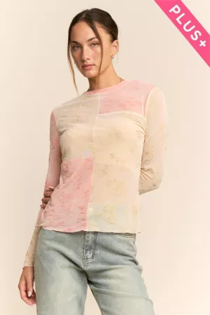 wholesale clothing plus semi sheer patchwork mesh long sleeve top davi & dani