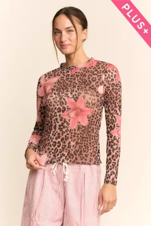 wholesale clothing plus leopard floral print mesh long sleeve top davi & dani