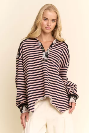 wholesale clothing striped flower printe french henley shirt top davi & dani