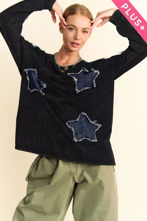 wholesale clothing plus washed denim star patch long sleeve top davi & dani
