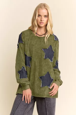 wholesale clothing washed denim star patch loose fit long sleeve top davi & dani