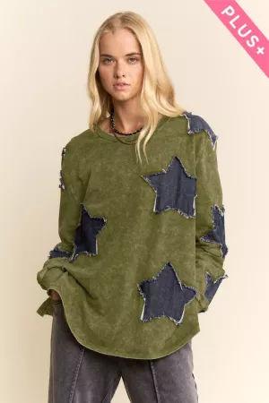 wholesale clothing plus washed denim star patch long sleeve top davi & dani
