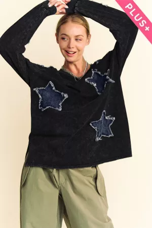 wholesale clothing plus washed denim star patch long sleeve top davi & dani