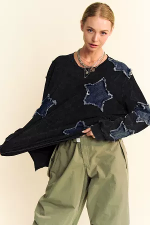 wholesale clothing washed denim star patch loose fit long sleeve top davi & dani