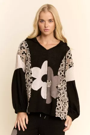 wholesale clothing hoodie oversized knnit top with flower patch davi & dani