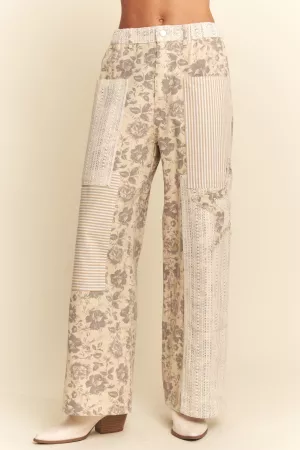 wholesale clothing floral stripe denim mixed star patch washed pants davi & dani