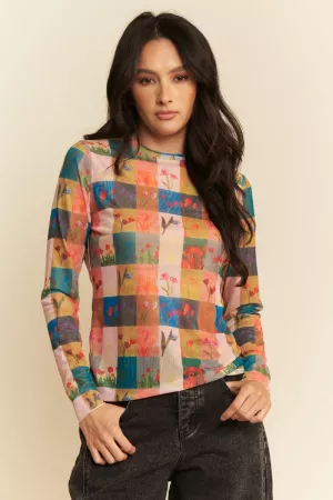 wholesale clothing multi checker floral printed long sleeve mesh top davi & dani