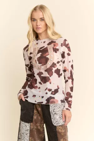 wholesale clothing cowcamo and studed horseshoe printed mesh top davi & dani