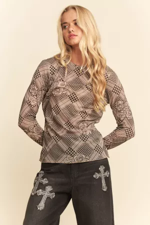 wholesale clothing floral plaid velvet flocked mesh top davi & dani