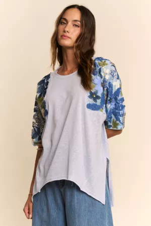 wholesale clothing sequin floral mesh sleeve high-low tunic top davi & dani