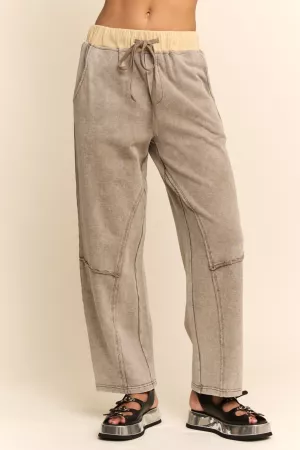 wholesale clothing washed french terry contrast waist barrel pants davi & dani