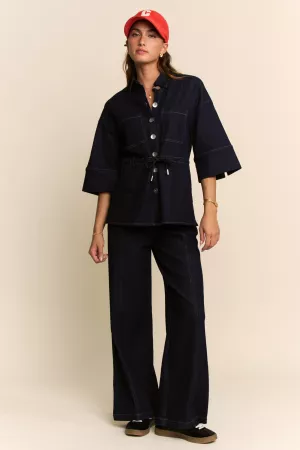 wholesale clothing dark wash denim shirt relaxed denim pant set davi & dani