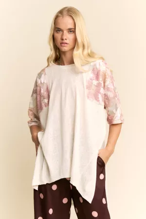 wholesale clothing sequin floral mesh sleeve high-low tunic top davi & dani